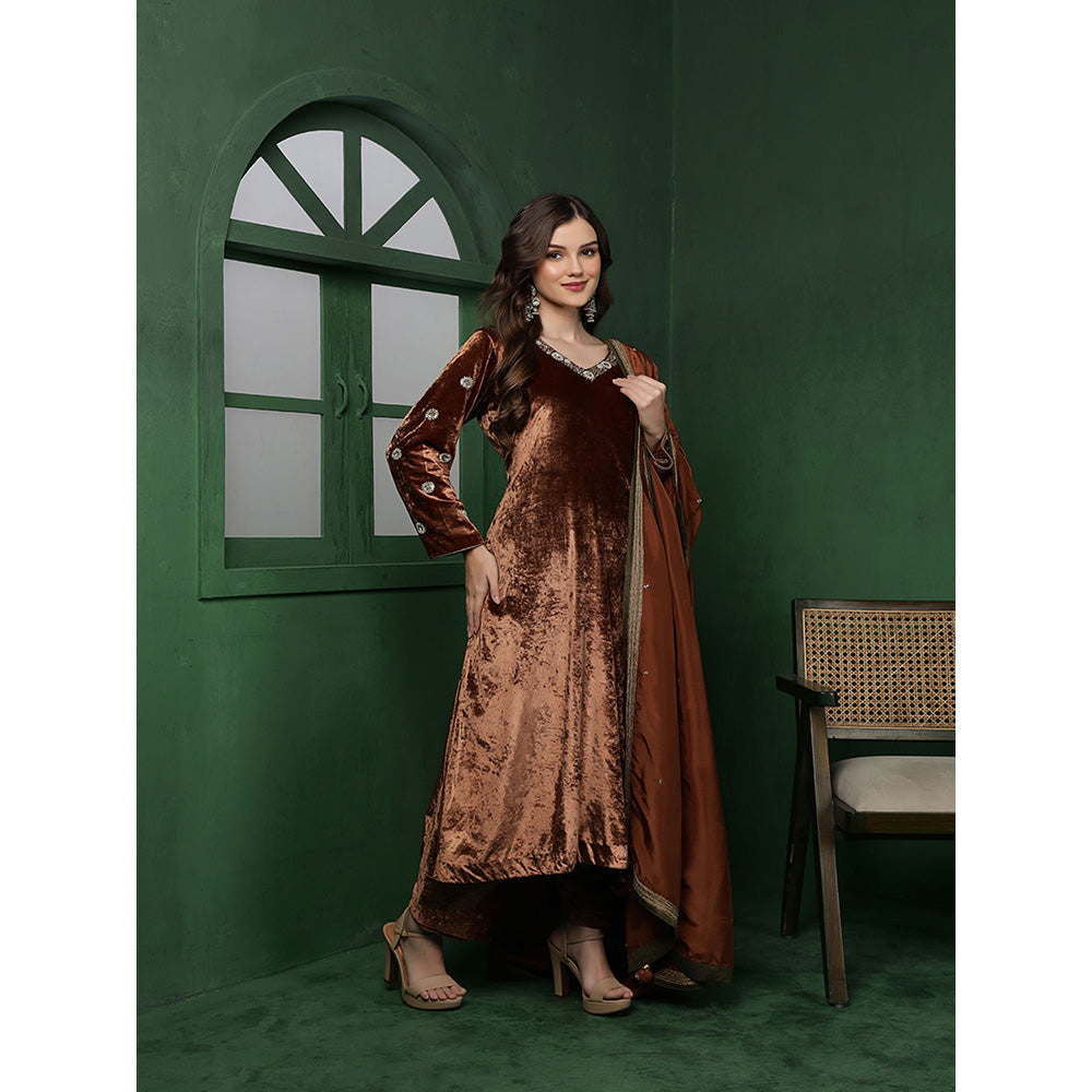 MILU MADAN Womens Organza Sequined Brown Kurta with Pant and Dupatta