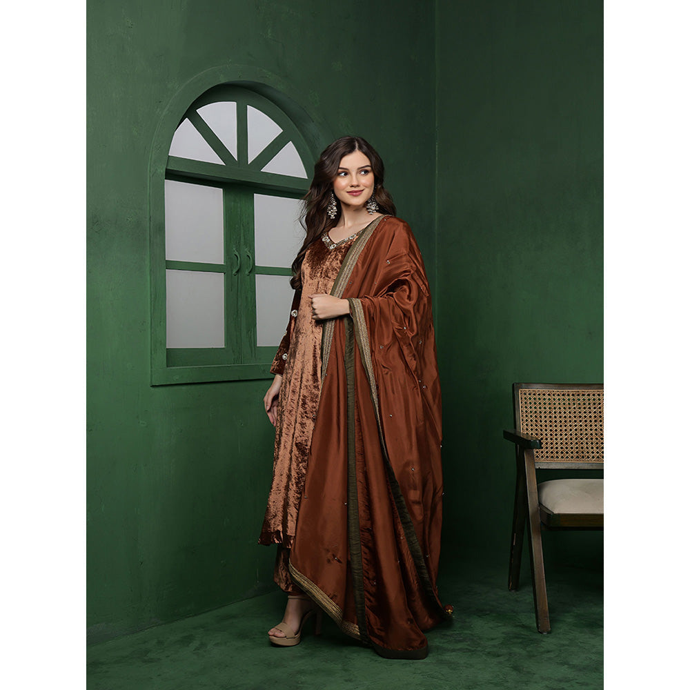MILU MADAN Womens Organza Sequined Brown Kurta with Pant and Dupatta
