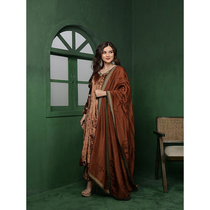 MILU MADAN Womens Organza Sequined Brown Kurta with Pant and Dupatta