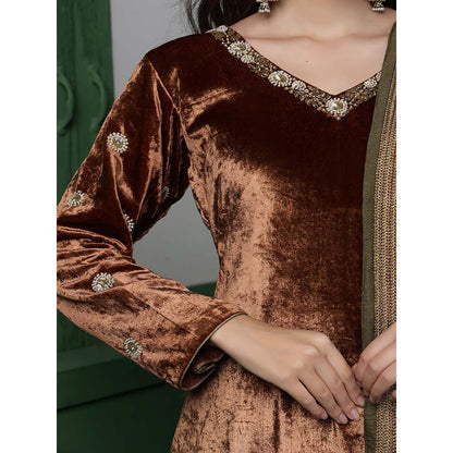 MILU MADAN Womens Organza Sequined Brown Kurta with Pant and Dupatta