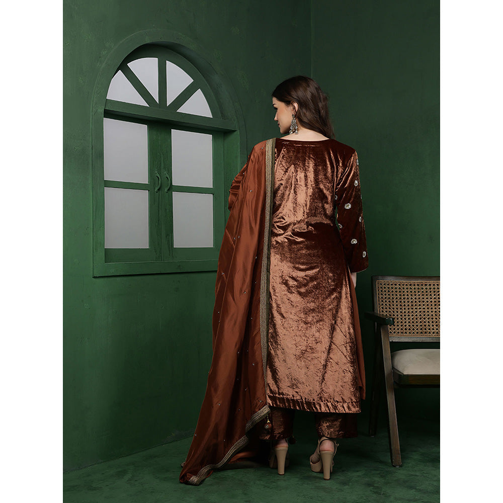 MILU MADAN Womens Organza Sequined Brown Kurta with Pant and Dupatta