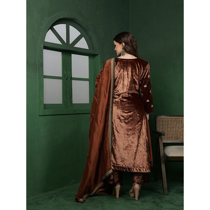 MILU MADAN Womens Organza Sequined Brown Kurta with Pant and Dupatta