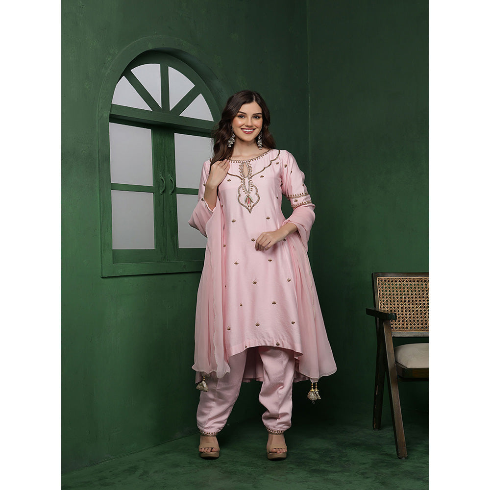 MILU MADAN Womens Organza Embroidered Pink Kurta with Pant and Dupatta