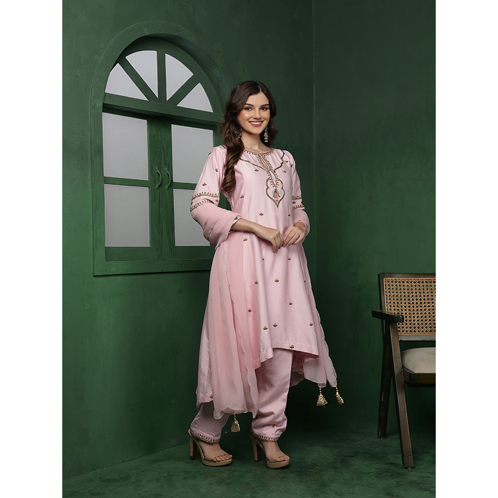 MILU MADAN Womens Organza Embroidered Pink Kurta with Pant and Dupatta