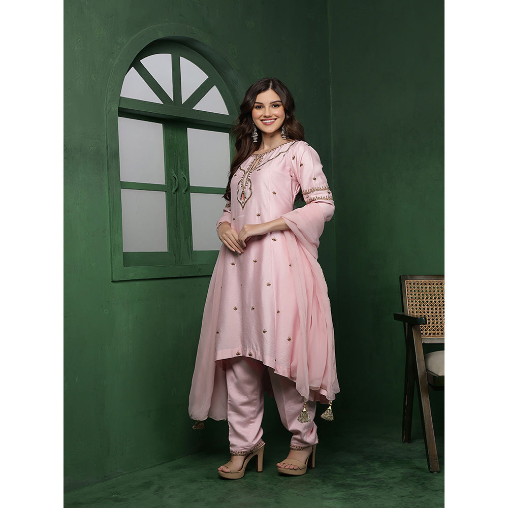 MILU MADAN Womens Organza Embroidered Pink Kurta with Pant and Dupatta