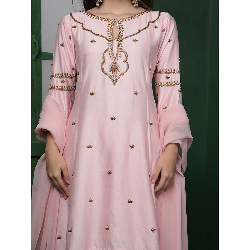 MILU MADAN Womens Organza Embroidered Pink Kurta with Pant and Dupatta