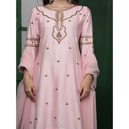 MILU MADAN Womens Organza Embroidered Pink Kurta with Pant and Dupatta