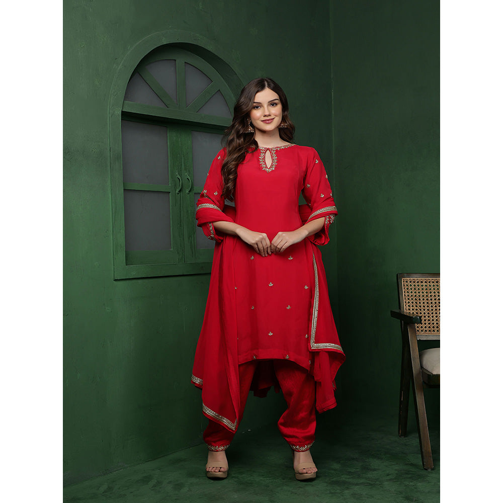 MILU MADAN Womens Organza Embroidered Red Kurta with Pant and Dupatta