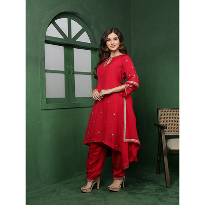 MILU MADAN Womens Organza Embroidered Red Kurta with Pant and Dupatta