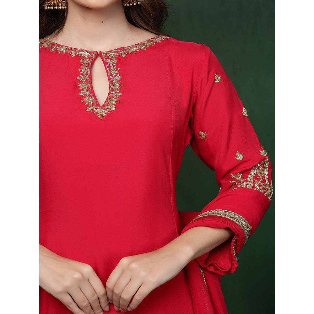 MILU MADAN Womens Organza Embroidered Red Kurta with Pant and Dupatta