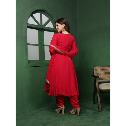 MILU MADAN Womens Organza Embroidered Red Kurta with Pant and Dupatta