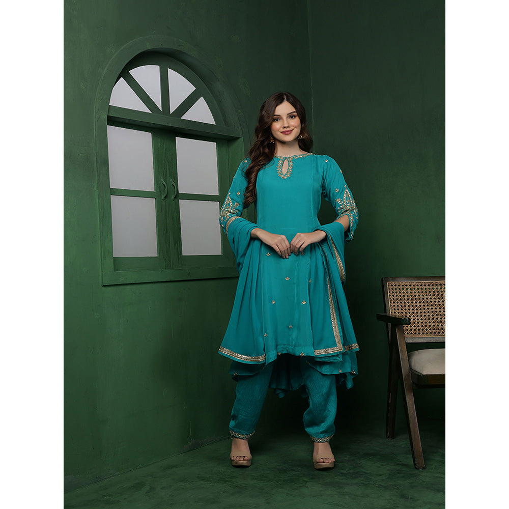MILU MADAN Womens Organza Embroidered Blue Kurta with Pant and Dupatta