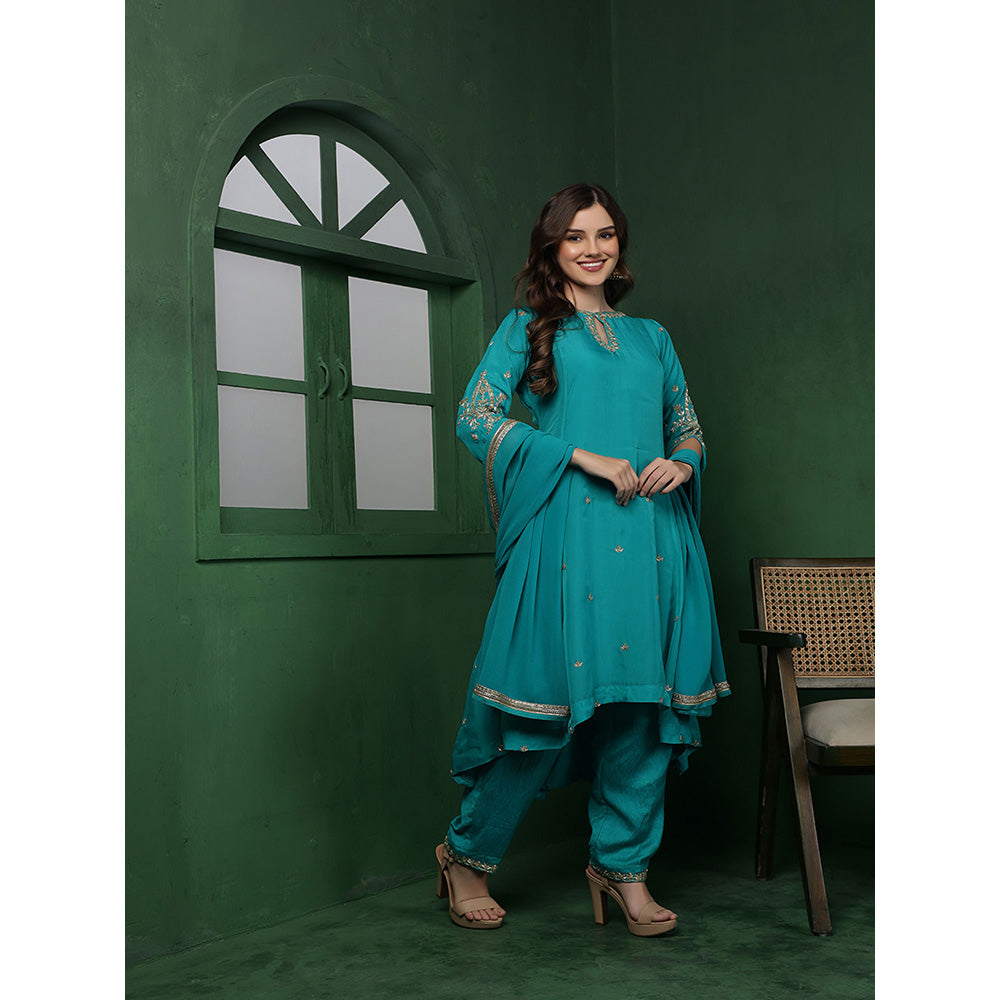 MILU MADAN Womens Organza Embroidered Blue Kurta with Pant and Dupatta