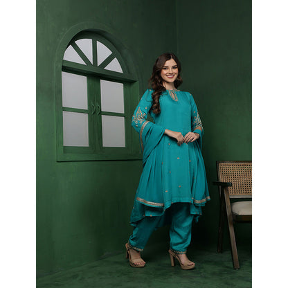 MILU MADAN Womens Organza Embroidered Blue Kurta with Pant and Dupatta
