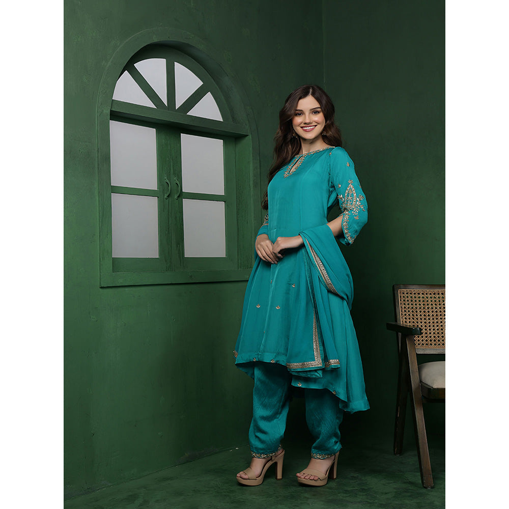 MILU MADAN Womens Organza Embroidered Blue Kurta with Pant and Dupatta