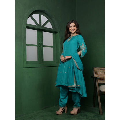 MILU MADAN Womens Organza Embroidered Blue Kurta with Pant and Dupatta