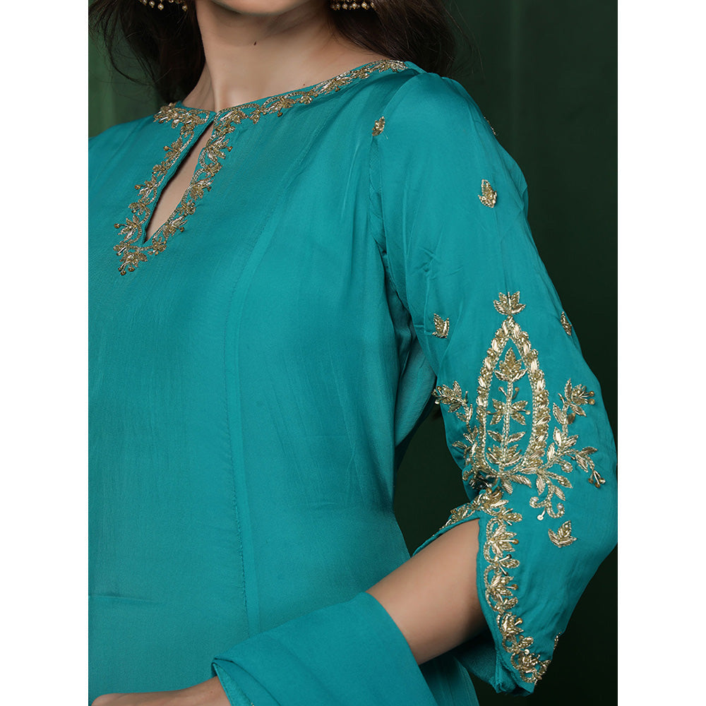 MILU MADAN Womens Organza Embroidered Blue Kurta with Pant and Dupatta