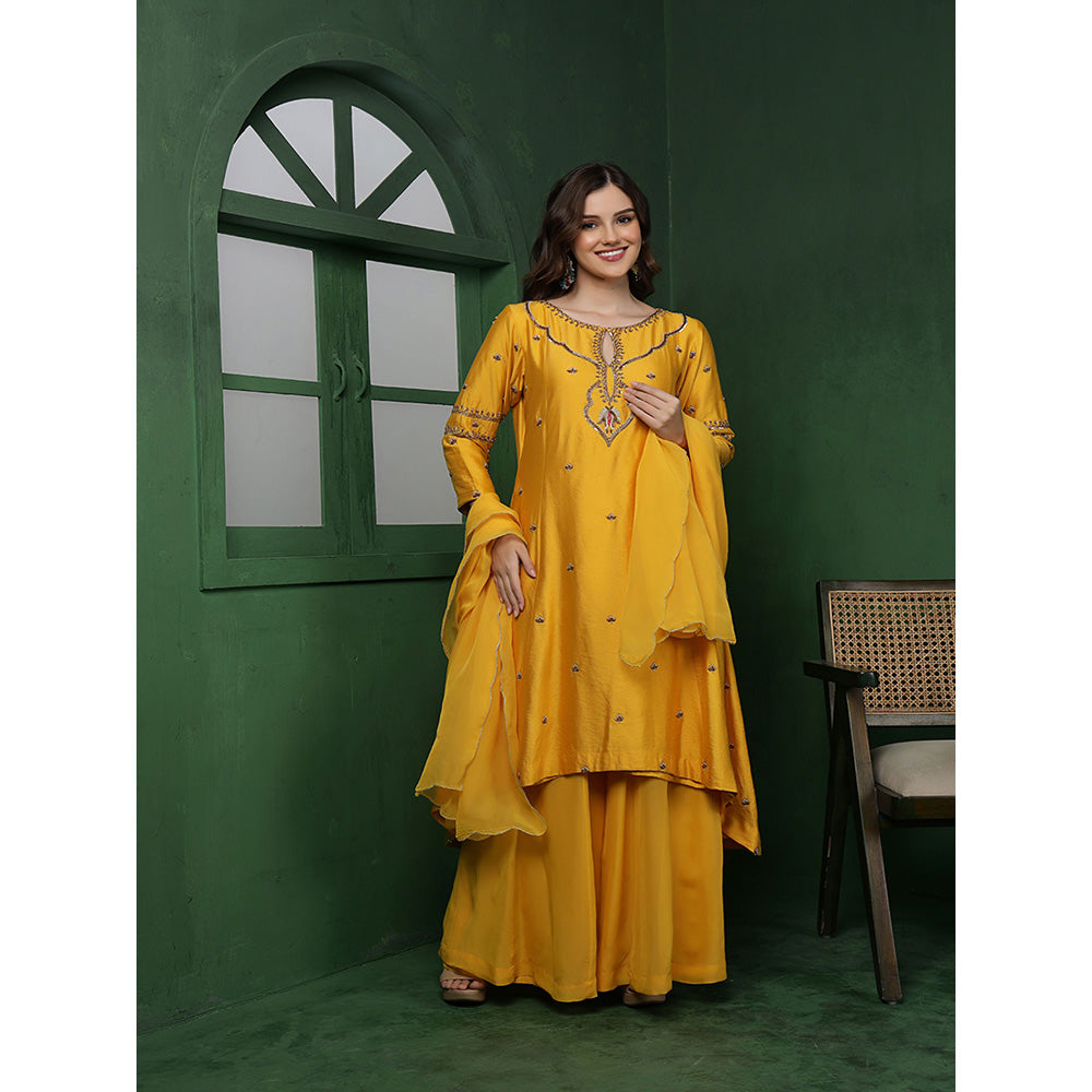 MILU MADAN Womens Organza Embroidered Yellow Kurta with Sharara and Dupatta