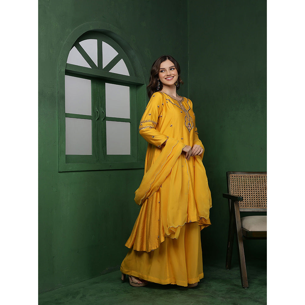 MILU MADAN Womens Organza Embroidered Yellow Kurta with Sharara and Dupatta