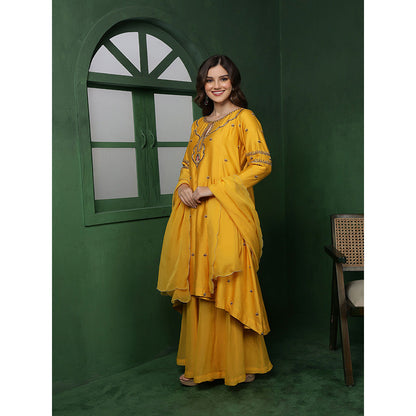 MILU MADAN Womens Organza Embroidered Yellow Kurta with Sharara and Dupatta
