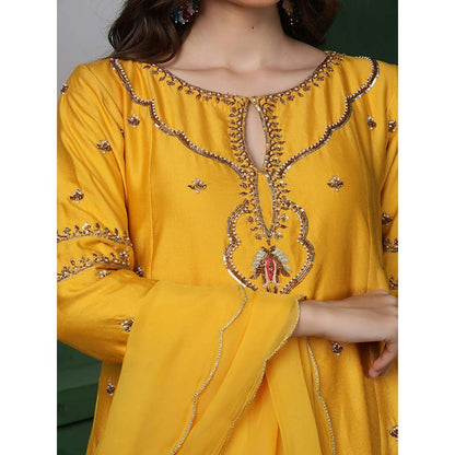 MILU MADAN Womens Organza Embroidered Yellow Kurta with Sharara and Dupatta