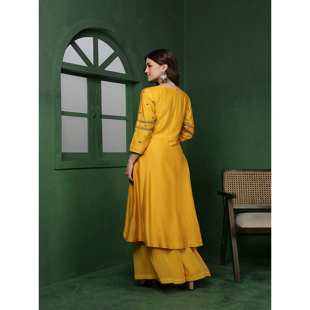 MILU MADAN Womens Organza Embroidered Yellow Kurta with Sharara and Dupatta