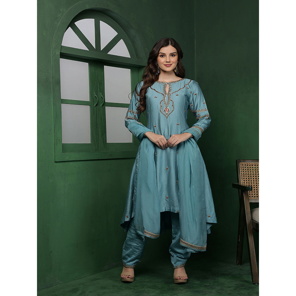 MILU MADAN Womens Organza Embroidered Blue Kurta with Sharara and Dupatta