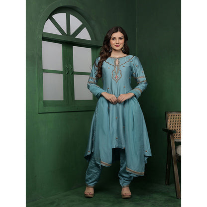MILU MADAN Womens Organza Embroidered Blue Kurta with Sharara and Dupatta