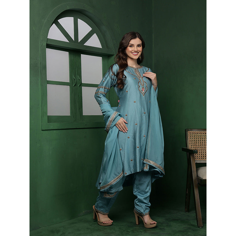 MILU MADAN Womens Organza Embroidered Blue Kurta with Sharara and Dupatta