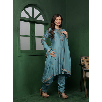 MILU MADAN Womens Organza Embroidered Blue Kurta with Sharara and Dupatta
