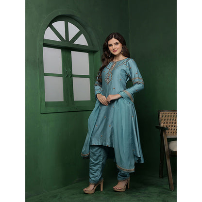 MILU MADAN Womens Organza Embroidered Blue Kurta with Sharara and Dupatta