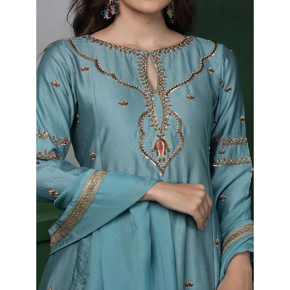 MILU MADAN Womens Organza Embroidered Blue Kurta with Sharara and Dupatta