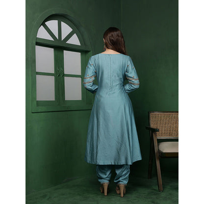 MILU MADAN Womens Organza Embroidered Blue Kurta with Sharara and Dupatta