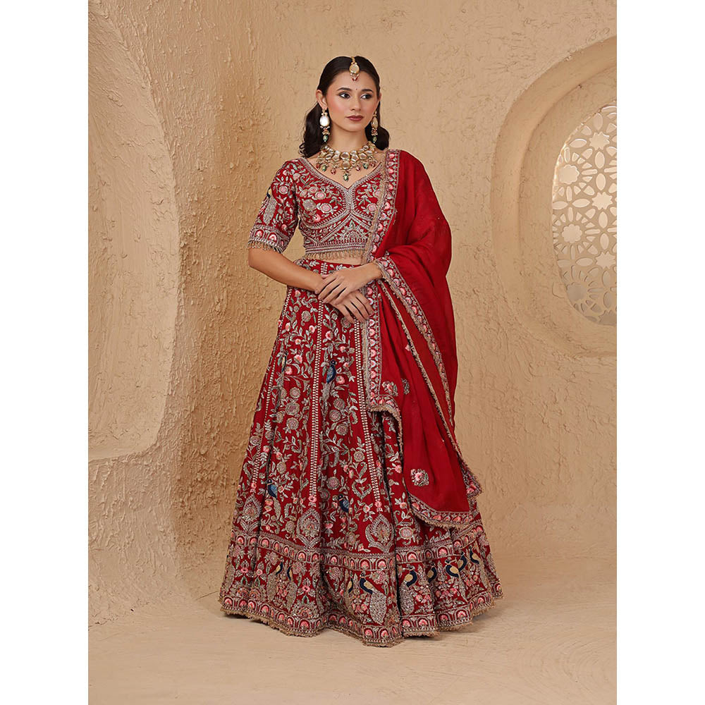 MILU MADAN Maroon Silk Aari & Zardozi Bridal Lehenga with Blouse & Dupatta