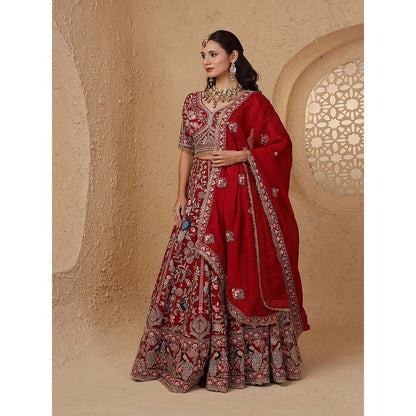 MILU MADAN Maroon Silk Aari & Zardozi Bridal Lehenga with Blouse & Dupatta