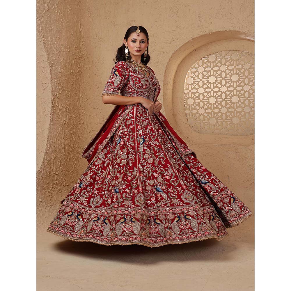 MILU MADAN Maroon Silk Aari & Zardozi Bridal Lehenga with Blouse & Dupatta