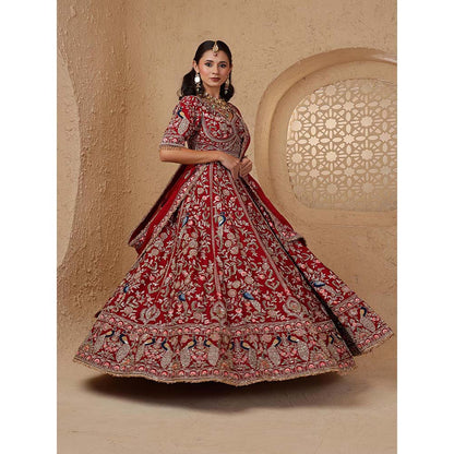 MILU MADAN Maroon Silk Aari & Zardozi Bridal Lehenga with Blouse & Dupatta
