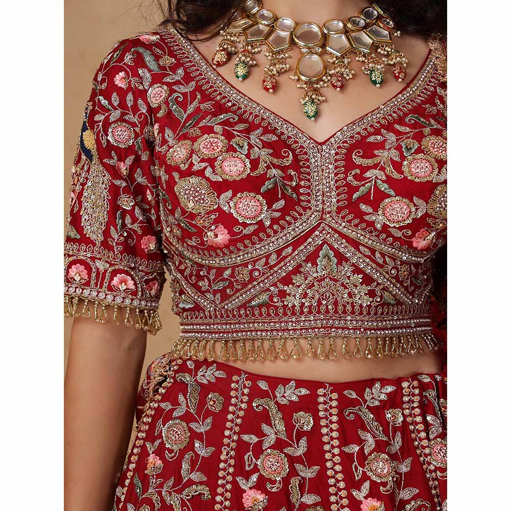 MILU MADAN Maroon Silk Aari & Zardozi Bridal Lehenga with Blouse & Dupatta