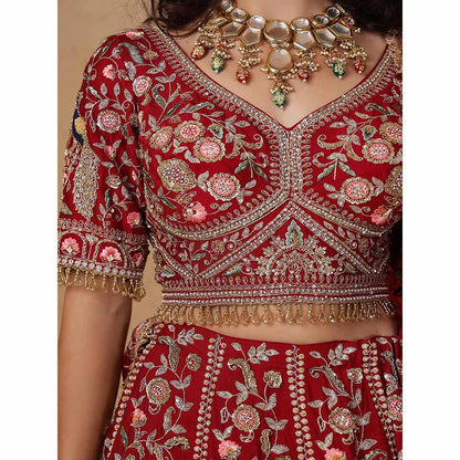 MILU MADAN Maroon Silk Aari & Zardozi Bridal Lehenga with Blouse & Dupatta