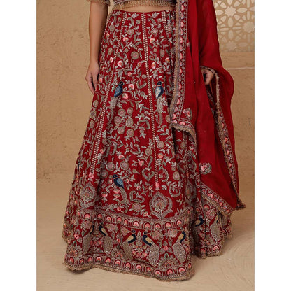 MILU MADAN Maroon Silk Aari & Zardozi Bridal Lehenga with Blouse & Dupatta