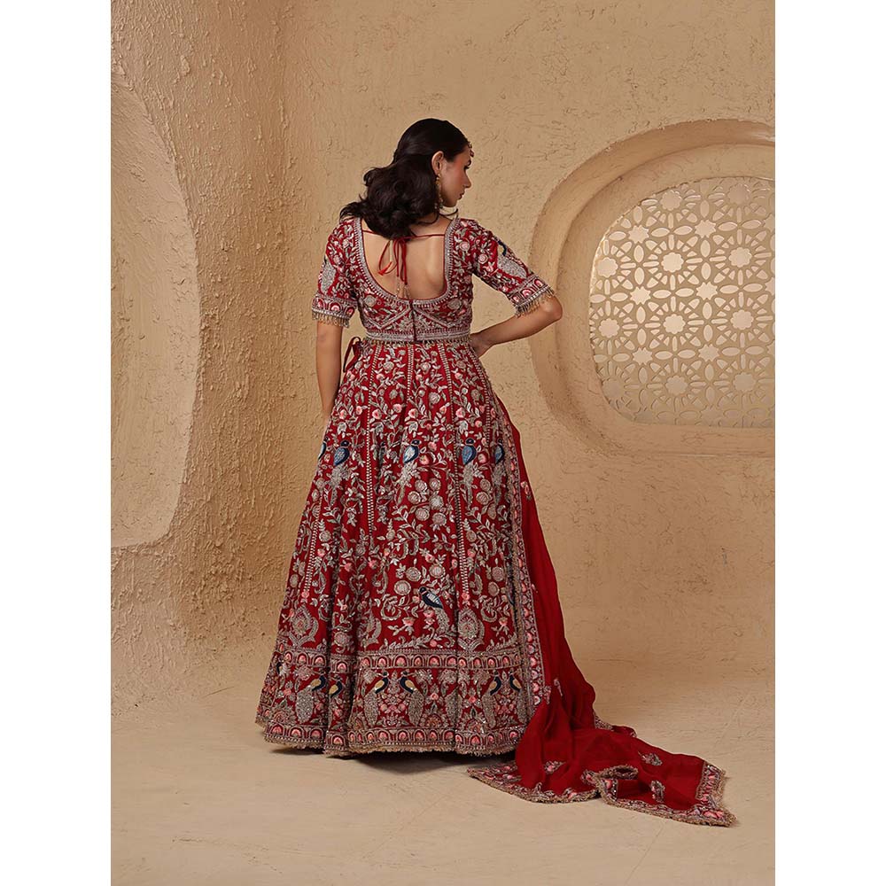 MILU MADAN Maroon Silk Aari & Zardozi Bridal Lehenga with Blouse & Dupatta