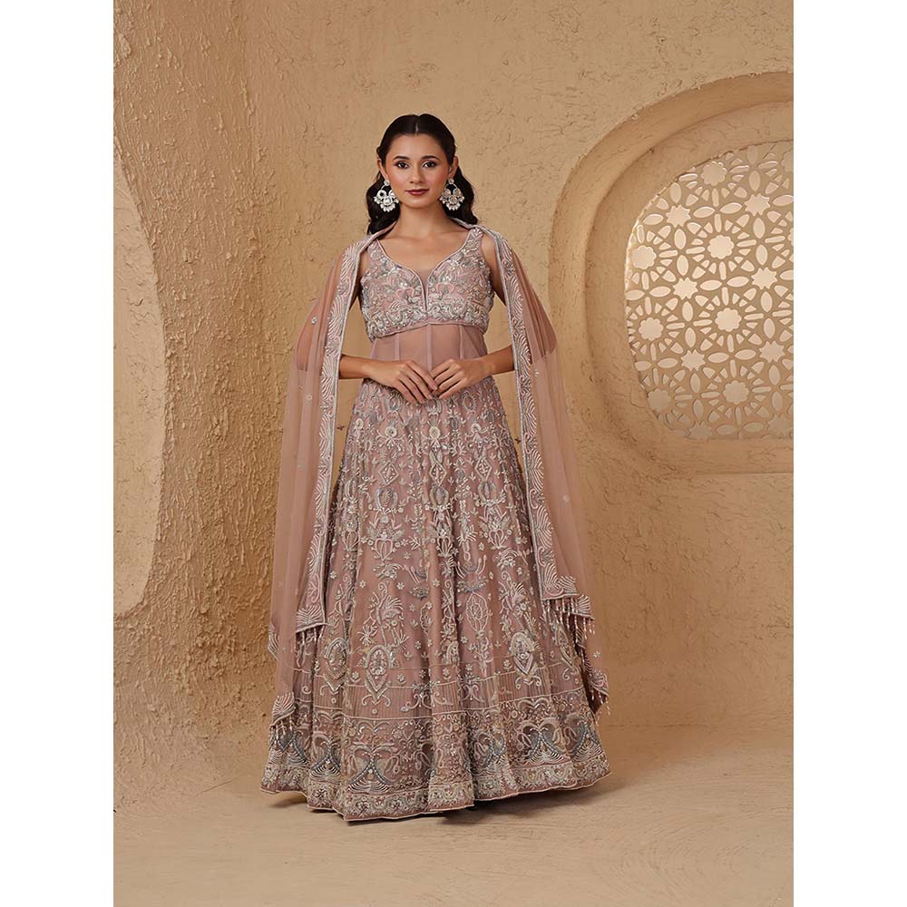 MILU MADAN Onion Pink Net Heavy Pearl & Embroidery Lehenga with Corset & Dupatta