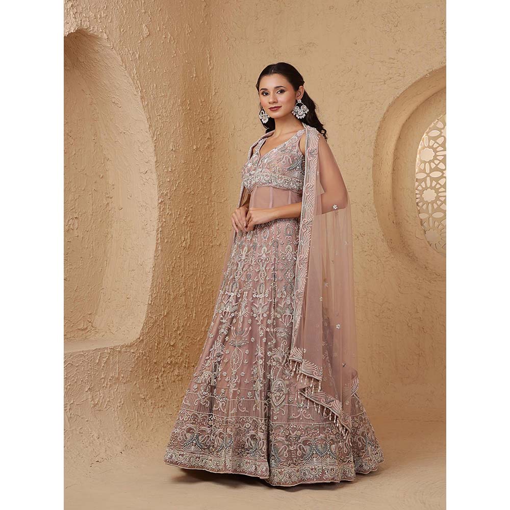 MILU MADAN Onion Pink Net Heavy Pearl & Embroidery Lehenga with Corset & Dupatta