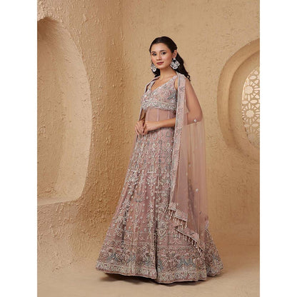 MILU MADAN Onion Pink Net Heavy Pearl & Embroidery Lehenga with Corset & Dupatta