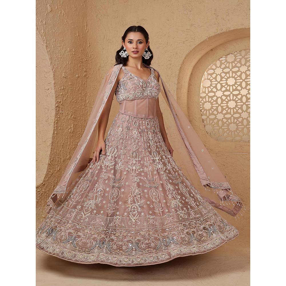 MILU MADAN Onion Pink Net Heavy Pearl & Embroidery Lehenga with Corset & Dupatta