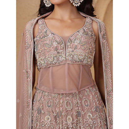 MILU MADAN Onion Pink Net Heavy Pearl & Embroidery Lehenga with Corset & Dupatta