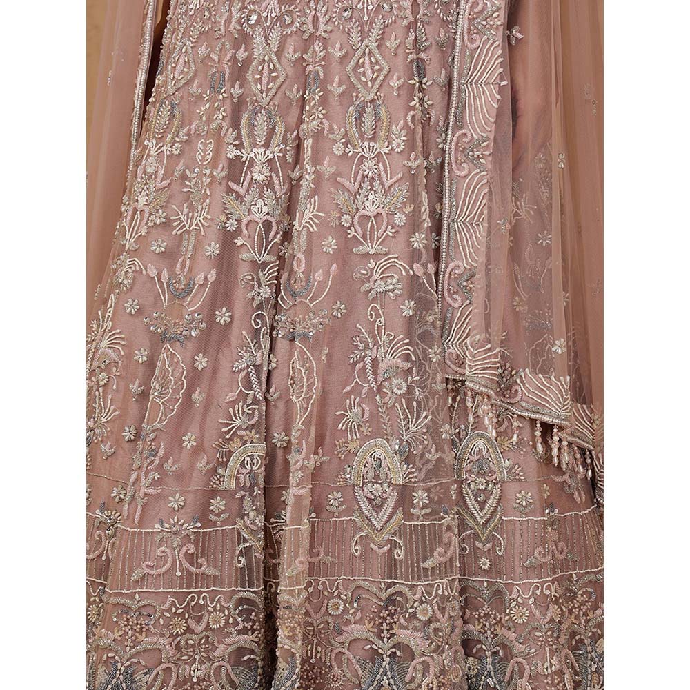 MILU MADAN Onion Pink Net Heavy Pearl & Embroidery Lehenga with Corset & Dupatta