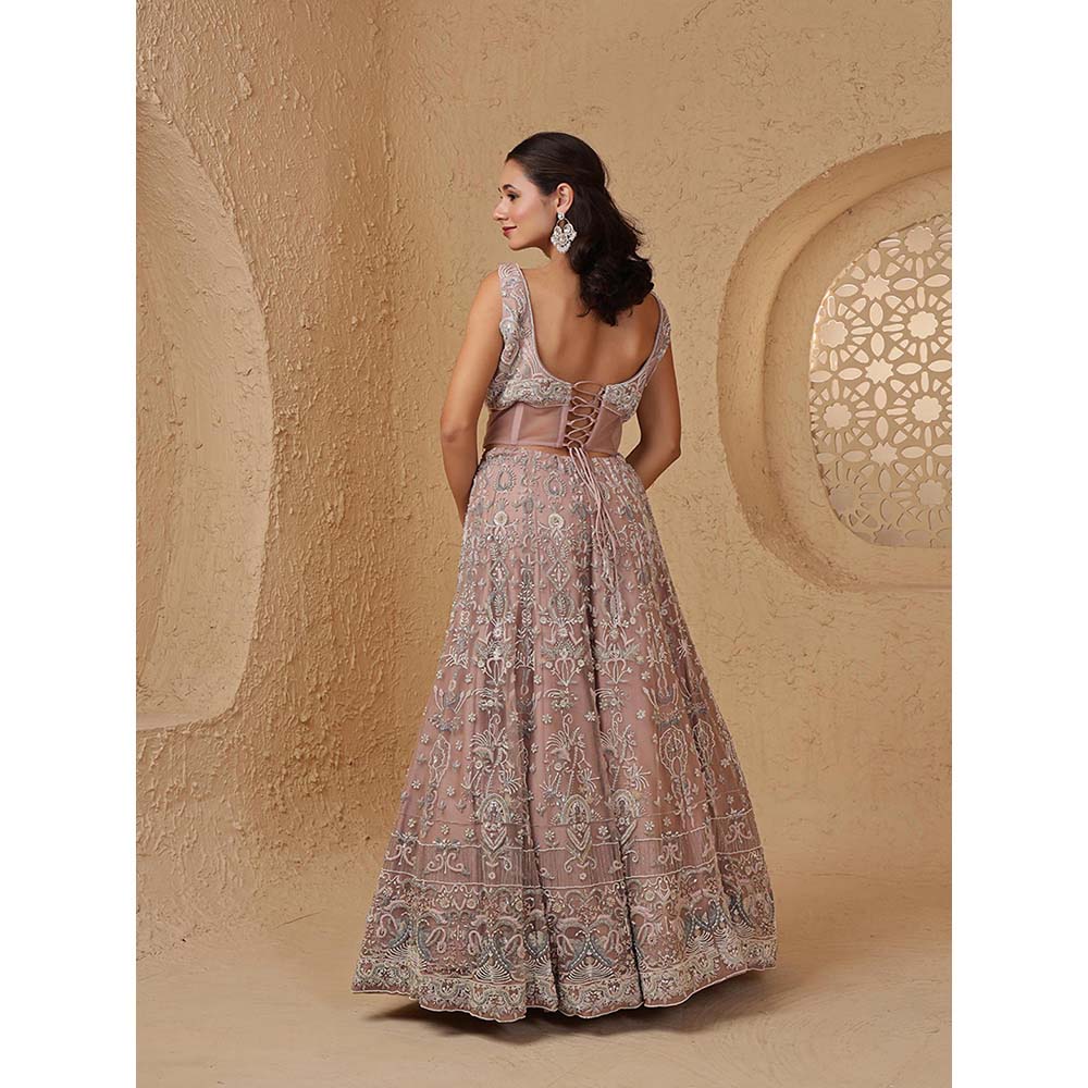 MILU MADAN Onion Pink Net Heavy Pearl & Embroidery Lehenga with Corset & Dupatta