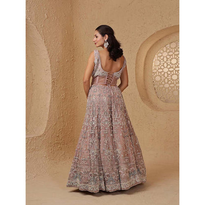 MILU MADAN Onion Pink Net Heavy Pearl & Embroidery Lehenga with Corset & Dupatta