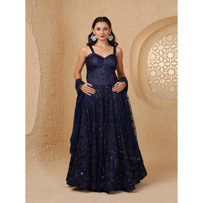 MILU MADAN Dark Blue Net Cutdana & Beadwork Lehenga with Corset & Dupatta